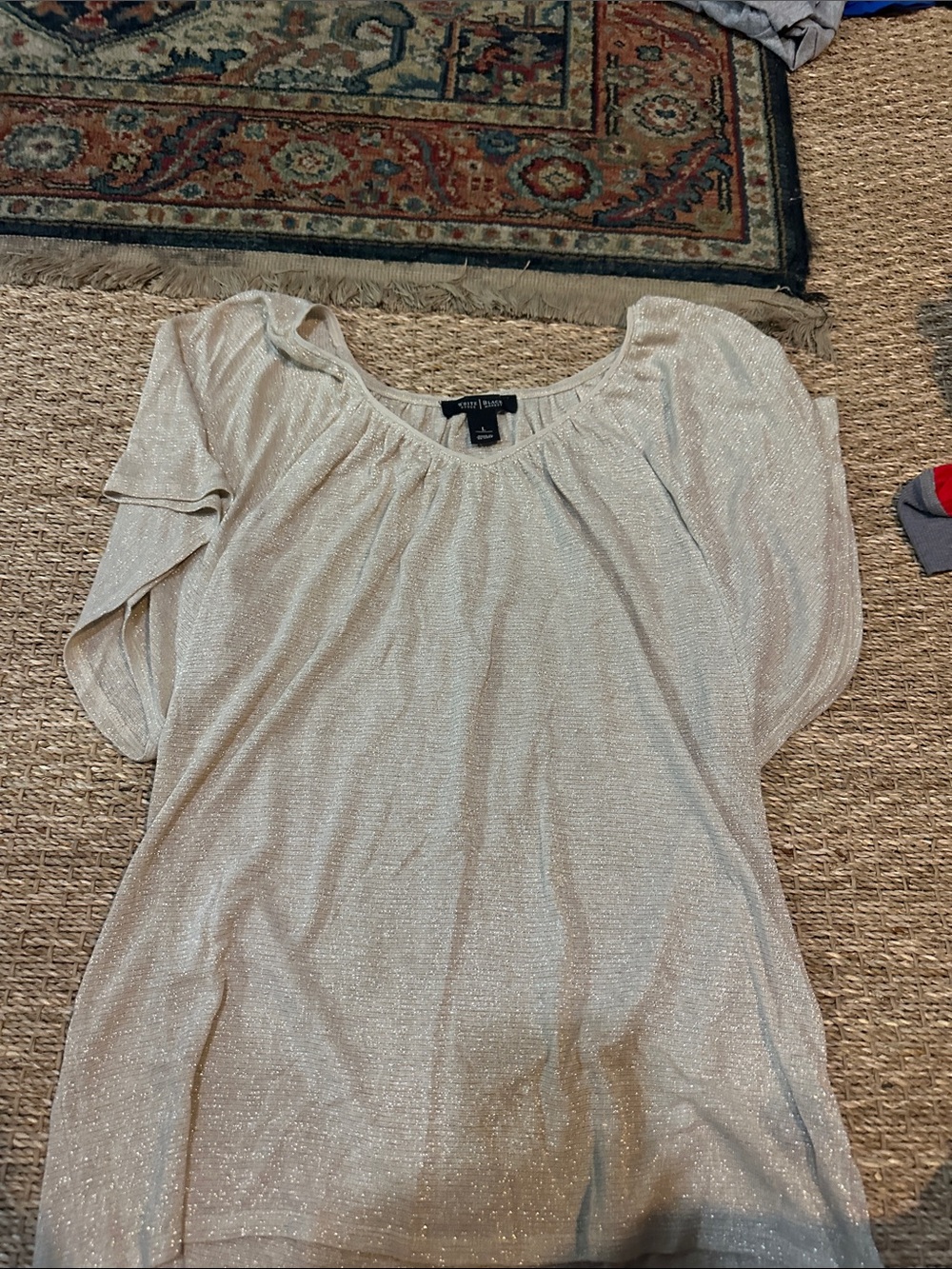 White House Black Market Shimmery Cream Scoop Neck Flutter Sleeve Top